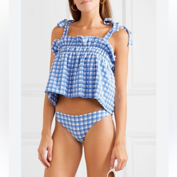 Ganni Murillo Seersucker Crop Top – Blue Plaid Gingham Swimwear, Size M - Picture 1 of 9